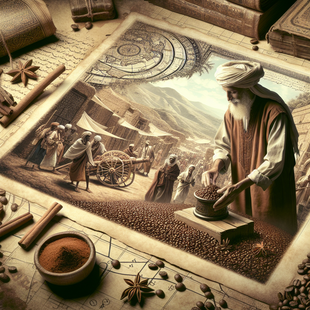 Visualize a rustic, sepia-toned scene set in the historical coffee bean plantations of Ethiopia, where workers are shown harvesting the first coffee beans, blending seamlessly into a bustling ancient market in Yemen, illustrating the journey of coffee as it becomes a beloved beverage across Arabia. In the foreground, a skilled artisan is depicted combining freshly ground coffee with cinnamon sticks, using traditional methods passed down through generations. The image captures the essence of discovery and the fusion of cultures, surrounded by ancient manuscripts and maps that trace the spice routes, symbolizing the spread of coffee with cinnamon’s popularity from its origins to the rest of the world.