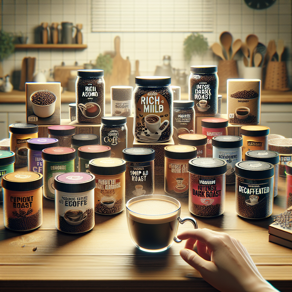Visualize an image showcasing a diverse range of instant coffee jars and packets, each labeled with distinct flavor profiles such as "Rich Aroma," "Smooth and Mild," "Intense Dark Roast," and "Decaffeinated." These products are arranged on a wooden table, with a backdrop of a cozy kitchen setting. In the foreground, a hand is thoughtfully picking up a jar, symbolizing the decision-making process. Above this scene, a translucent text overlay reads: "Finding Your Perfect Match." This setting aims to capture the essence of exploring and selecting the ideal instant coffee that caters to individual taste preferences, resonating with the guide on how to choose the best instant coffee for your palate.
