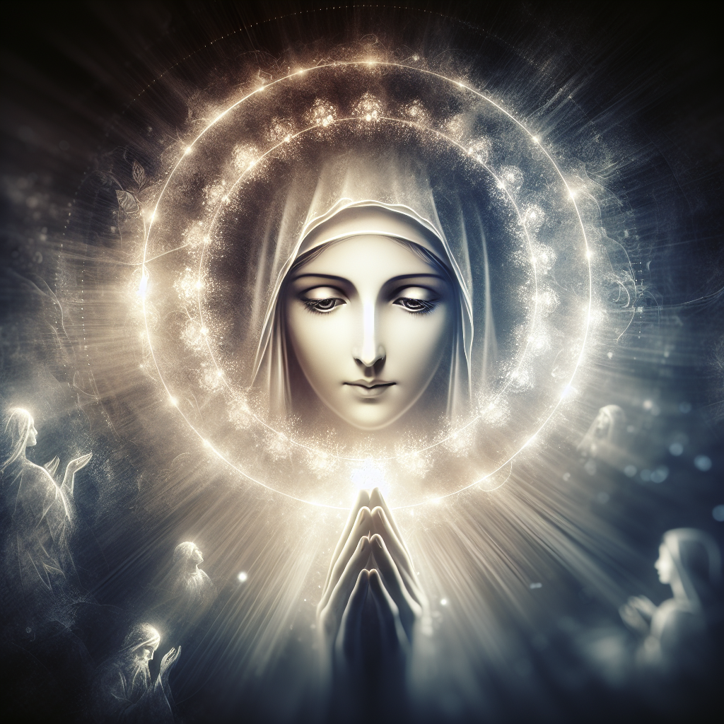 Create an image that visually embodies the spiritual significance of the Prayer of Saint Lucy, capturing both the essence of protection and healing. The focal point should be an ethereal depiction of Saint Lucy, surrounded by a soft, divine glow, highlighting her eyes, which are a symbol of her martyrdom and her role as the patron saint of the blind and those with eye troubles. The background should subtly incorporate elements that represent faith, such as faint outlines of people in prayer or light beams representing divine intervention. The overall atmosphere should convey a sense of serenity and sacredness, inviting the viewer to feel the protective and healing power of the prayer.