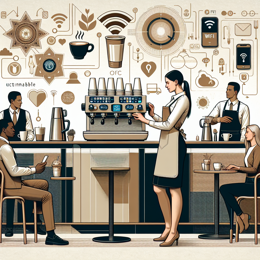 Create an image that encapsulates the evolution and future of the barista profession in the modern world. The illustration should feature a barista using advanced technology, such as a sleek, futuristic espresso machine with digital interfaces and touchscreens. Include elements that symbolize sustainability and eco-friendliness, like recycled material cups or a plant-based milk dispenser. The background should subtly integrate modern café designs that blend comfort with technology, like Wi-Fi symbols and minimalistic, yet cozy, seating areas. The barista should appear skilled and professional, wearing a smart uniform that reflects the modernity of their trade. Highlight the interaction between the barista and a diverse clientele, showcasing a universal appreciation for coffee culture that transcends borders, all within a setting that suggests a forward-thinking approach to the beloved tradition of coffee making.