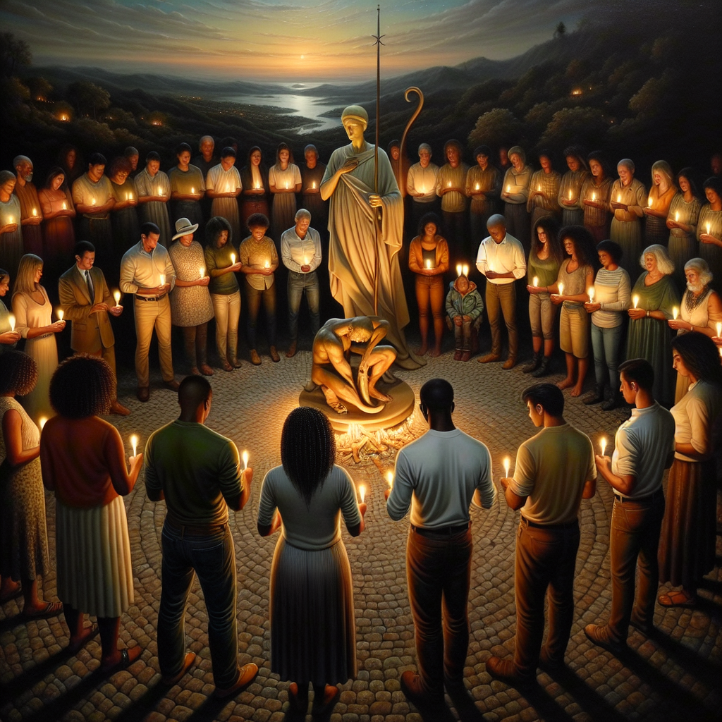 Visualize a serene, softly lit scene where a diverse group of individuals from various walks of life is gathered in a circle, each one holding a candle, their faces illuminated by its glow. In the center of this circle is a statue of São Jorge, depicted mid-battle against the dragon, symbolizing the fight against adversities. The expressions on the people's faces range from hope to determination, capturing their deep faith and personal connection with the prayer of São Jorge. The background is a twilight landscape, suggesting a transition from darkness into light, embodying the essence of overcoming challenges through faith. This image reflects the power of collective prayer and the shared experiences of those who have found solace and strength in the oração de São Jorge.